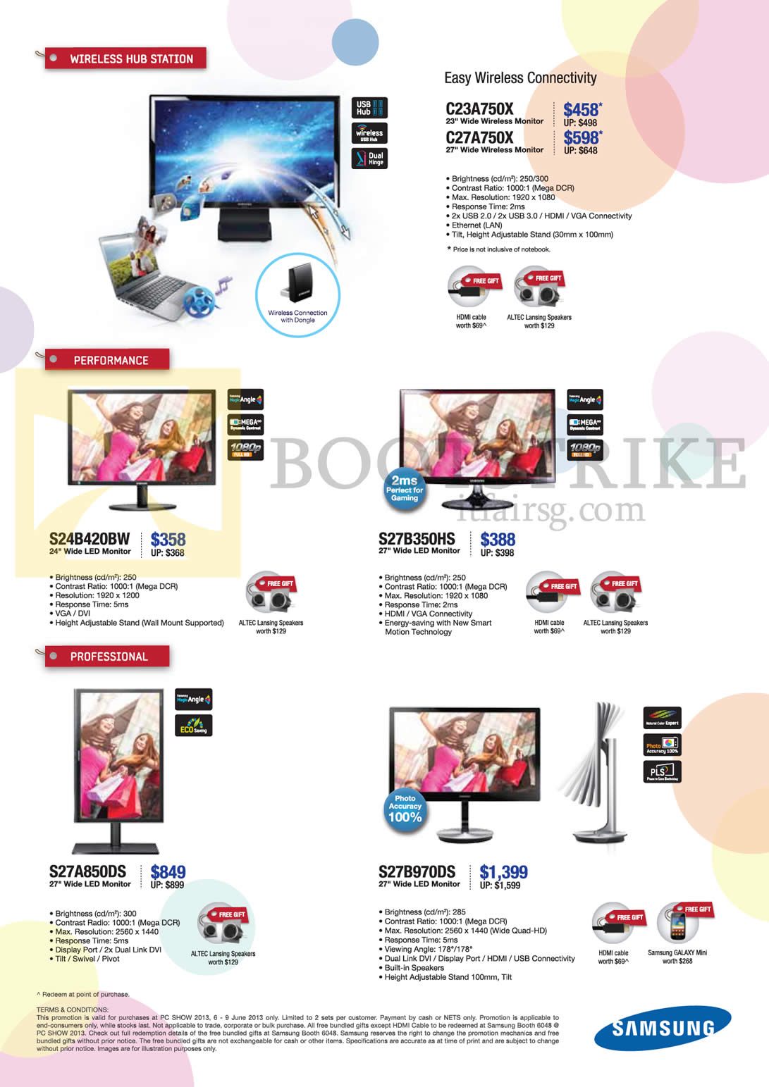 PC SHOW 2013 price list image brochure of Samsung Monitors C23A750X, C27A750X, LED S24B420BW, S27B350HS, S27A850DS, S27B970DS