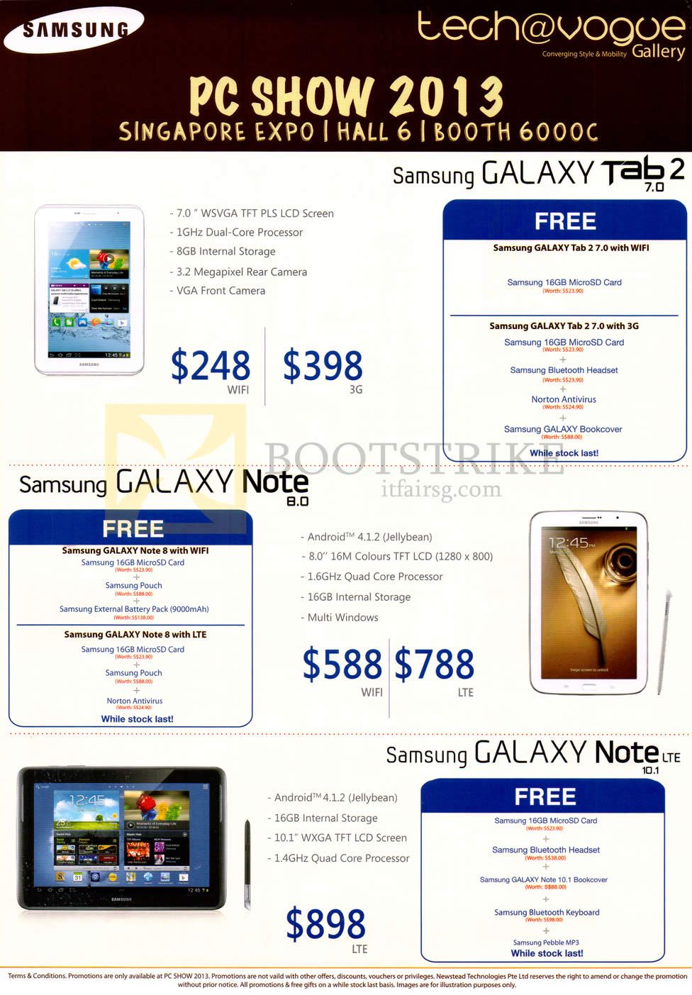 PC SHOW 2013 price list image brochure of Samsung Newstead Techvogue Tablets Galaxy Tab 2 7.0, Galaxy Note 8.0, Galaxy Note 10.1 LTE