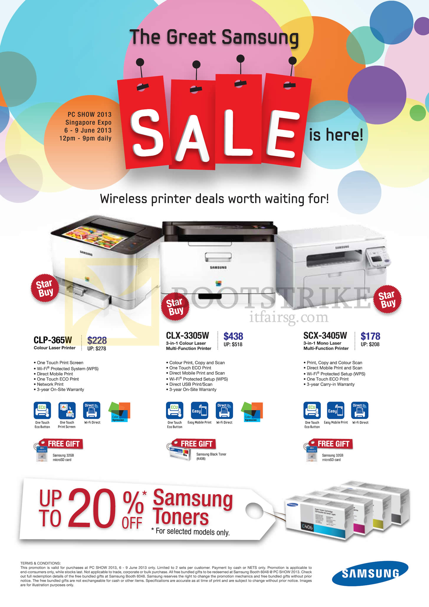 PC SHOW 2013 price list image brochure of Samsung Printers Laser CLP-365W, CLX-3305W, SCX-3405W, Up To 20 Percent Off On Toners