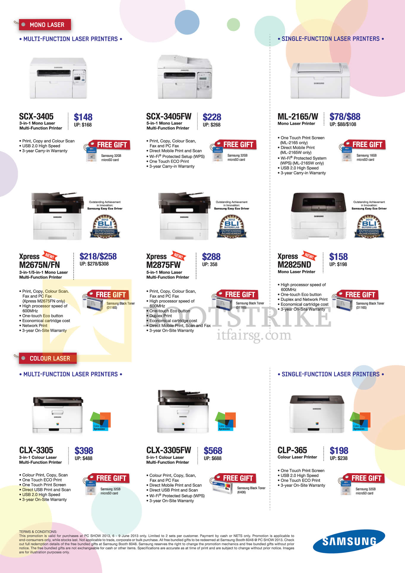 PC SHOW 2013 price list image brochure of Samsung Printers Laser SCX-3405, 3405FW, ML-2165W, Xpress M2675N, 2675FN, M2875FW, M2825ND, CLX-3305, 3305FW, CLP-365