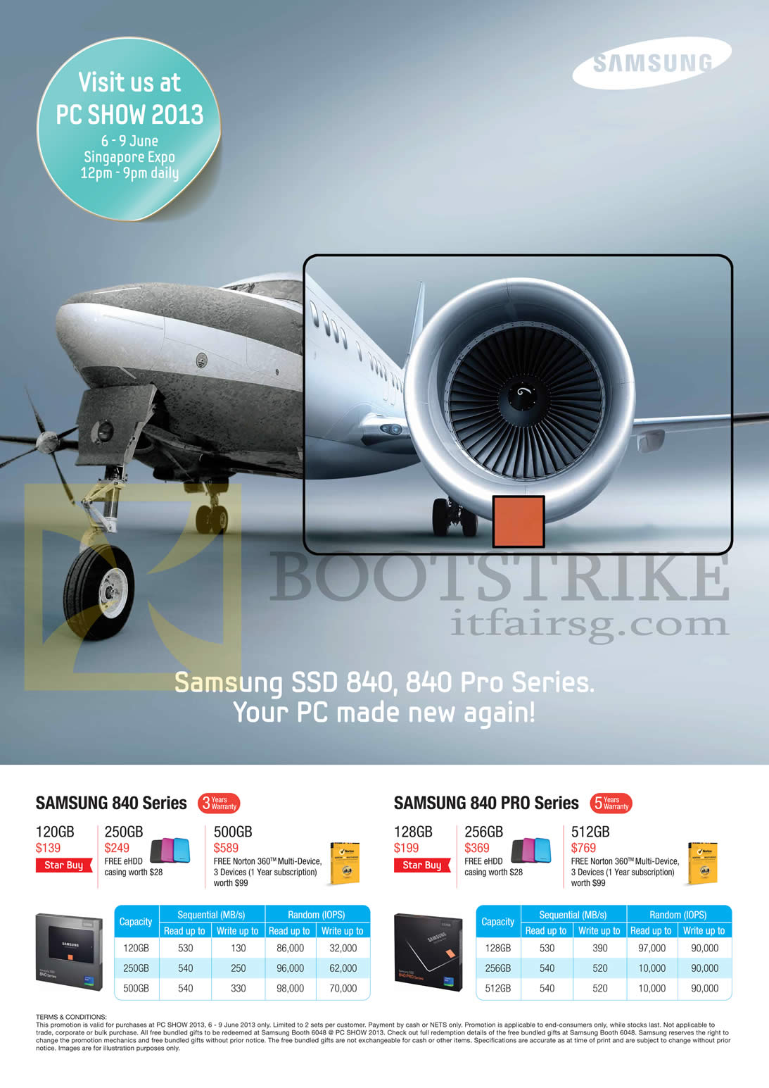 PC SHOW 2013 price list image brochure of Samsung SSD 840, 840 PRO, 120GB, 250Gb, 500GB, 128GB, 256GB, 512GB