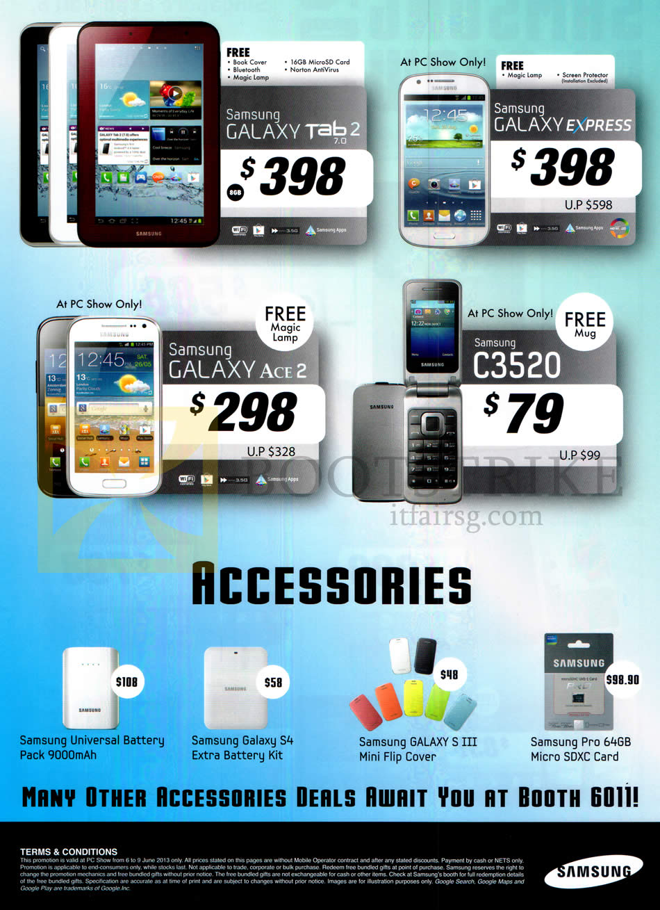 PC SHOW 2013 price list image brochure of Samsung Tablets Galaxy Tab 2 7.0, Express, Ace 2, C3520, Universal Battery, Accessories, Pro 64GB Micro SDXC Card