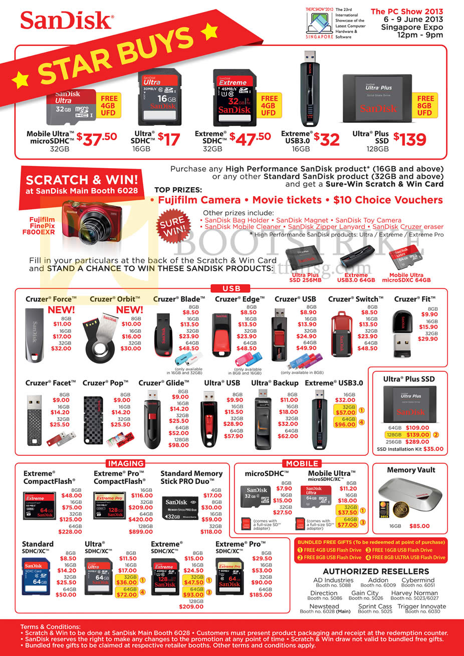PC SHOW 2013 price list image brochure of Sandisk Flash Memory, USB Drives, MicroSDHC, SSD, Cruzer Force, Orbit, Blade, Edge, Fit, Pop, Glide, Ultra, Backup, CompactFlash CF, Memory Vault