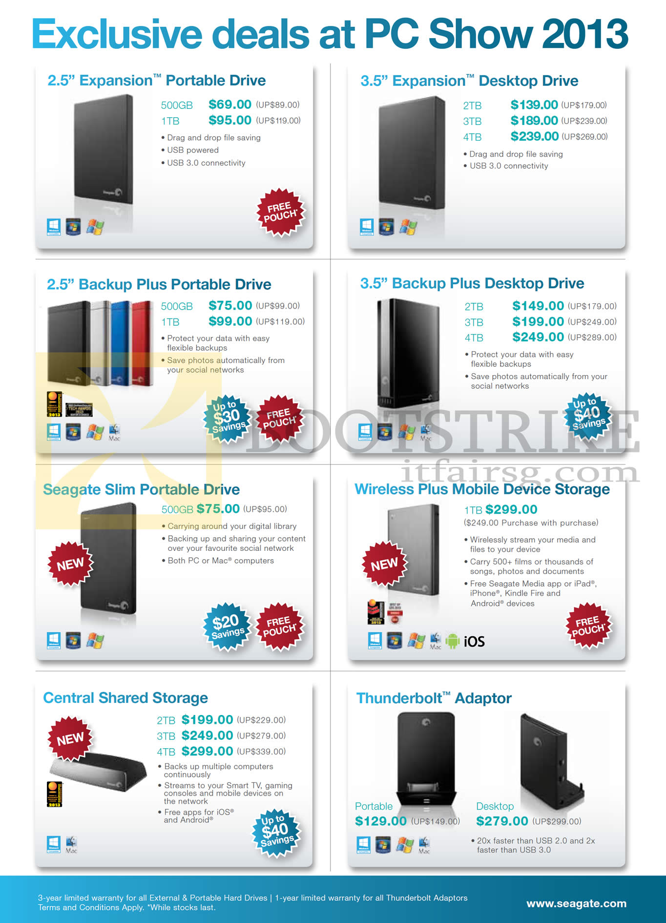 PC SHOW 2013 price list image brochure of Seagate Expansion Portable Drive, Desktop Drive, Backup Plus Desktop Drive, Portable Drive, Thunderbolt Adapter, Central Shared Storage