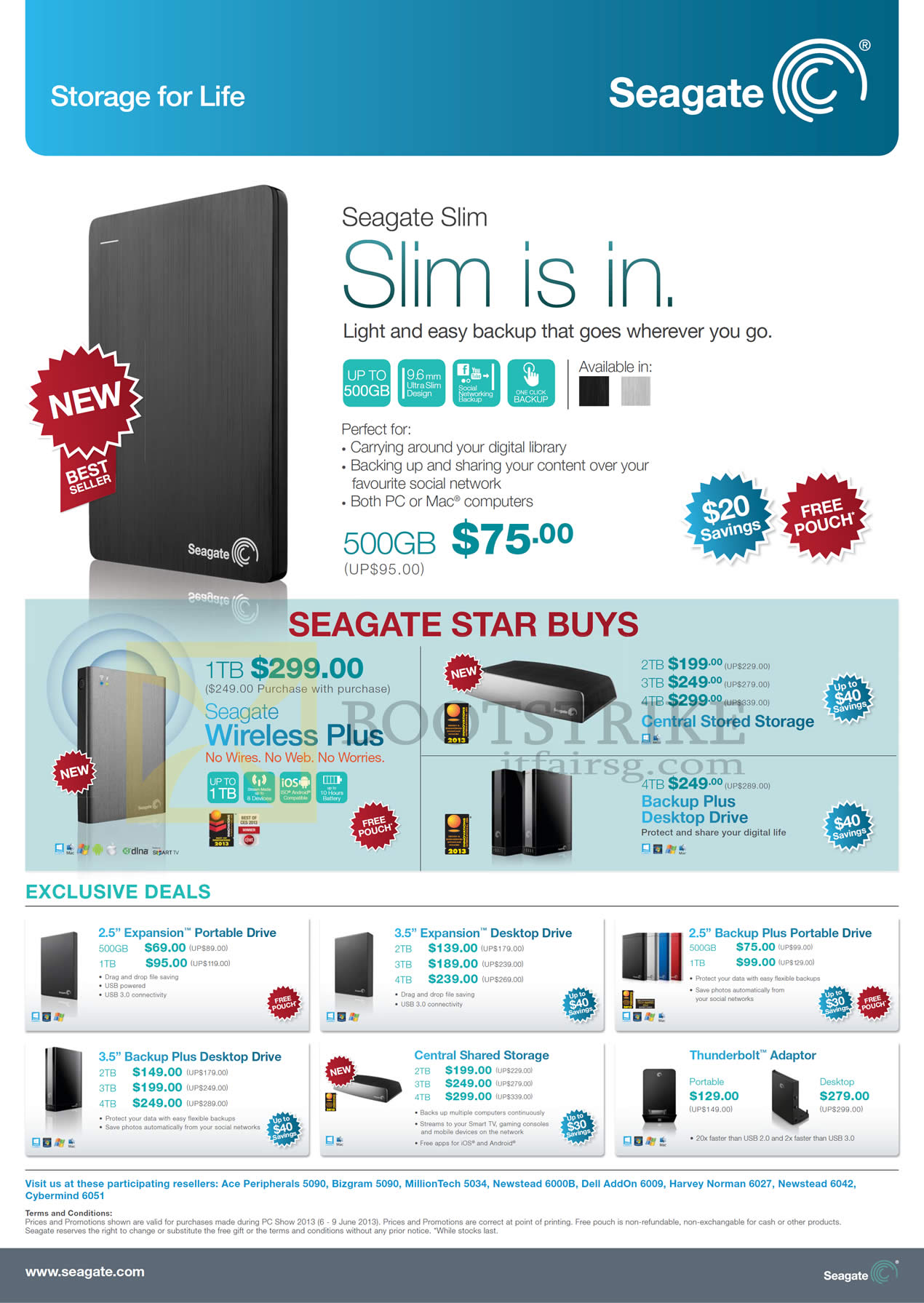 PC SHOW 2013 price list image brochure of Seagate External Storage Slim, Wireless Plus, Backup Plus, Expansion, Thunderbolt 500GB, 1TB, 2TB, 3TB, 4TB