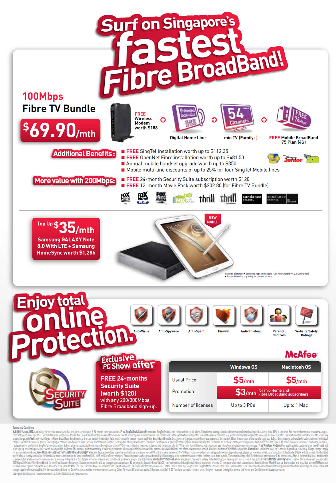 PC SHOW 2013 price list image brochure of Singtel Broadband Fibre 100Mbps 69.90, Fibre TV, Fixed Line, Mio TV, Mobile Broadband Samsung Galaxy Note 8.0 LTE, Home Sync, Security Suite