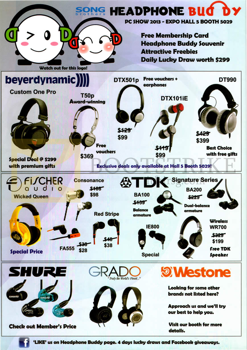 PC SHOW 2013 price list image brochure of Song Brothers Headphones Beyerdynamic T50p, DTX501p, DTX101iE, DT990, Fischer Audio FA55, TDK BA100, BA200, Shure