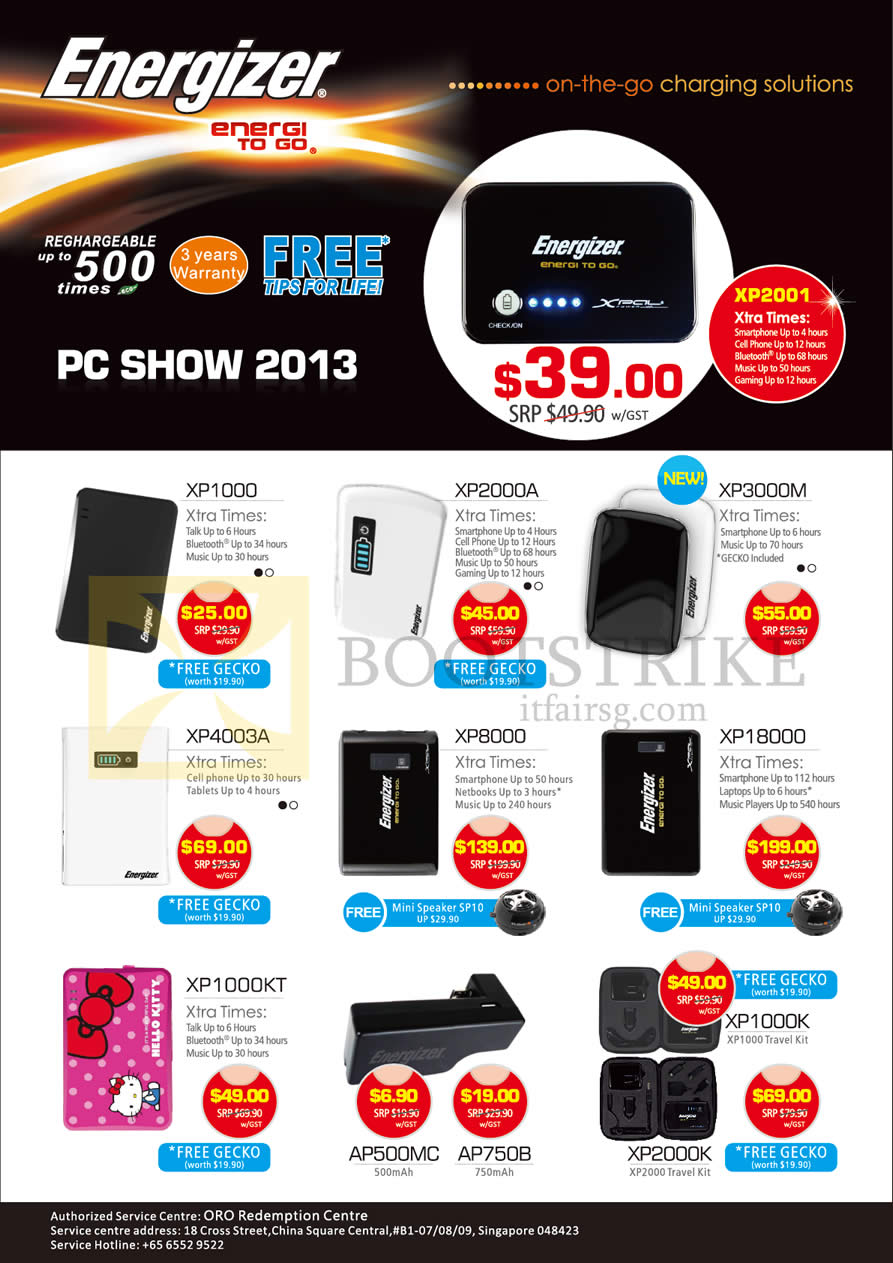 PC SHOW 2013 price list image brochure of Sprint-Cass Energizer Portable Chargers XP1000, XP2000A, XP3000M, XP4003A, XP8000, XP18000, XP1000KT, XP1000K, XP2000K, AP500MC, AP750B
