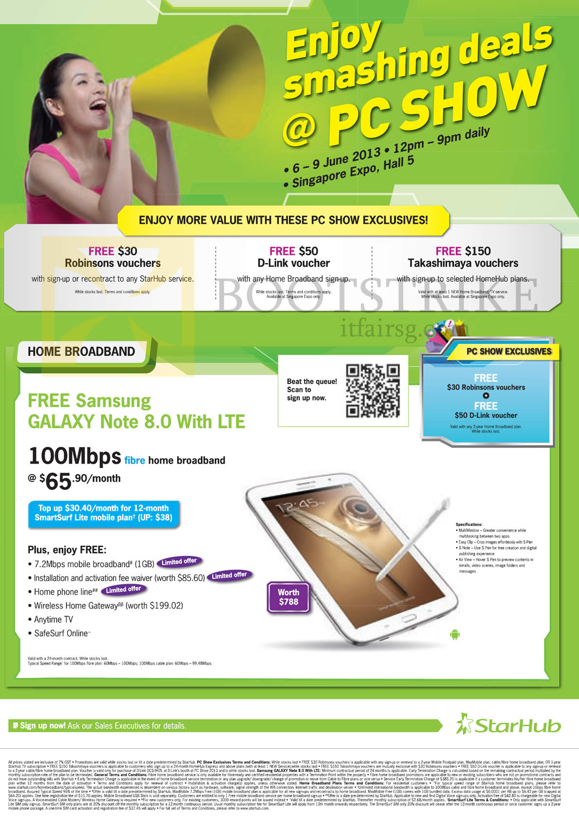 PC SHOW 2013 price list image brochure of Starhub Exclusives Free Robinsons Vouchers, D-Link Voucher, Takashimaya, 100Mbps Fibre Broadband 65.90 Samsung Galaxy Note 8.0