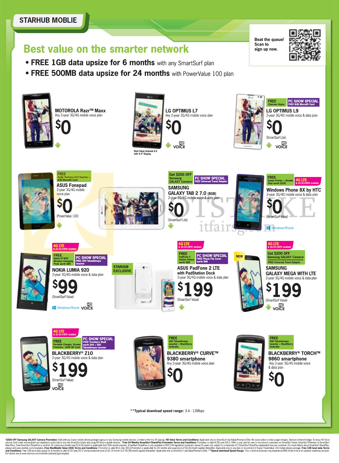 PC SHOW 2013 price list image brochure of Starhub LG Optimus L7, L9, ASUS Fonepad, Padfone 2, Samsung Galaxy Tab 2 7.0, Mega, HTC Windows Phone 8X, Nokia Lumia 920, Blackberry Z10, Curve 9380, Torch 9860