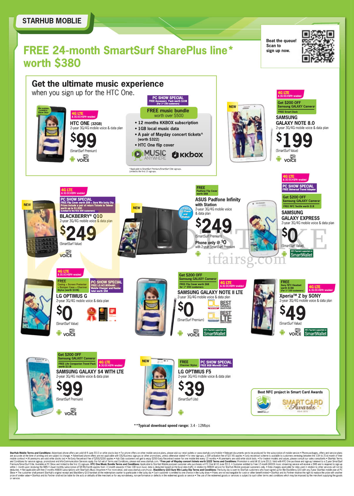 PC SHOW 2013 price list image brochure of Starhub Mobile HTC One, Samsung Galaxy Note 8.0, Express, S4, Note II LTE, Blackberry Q10, ASUS Padfone Infinity, LG Optimus G, F5, Sony Xperia Z