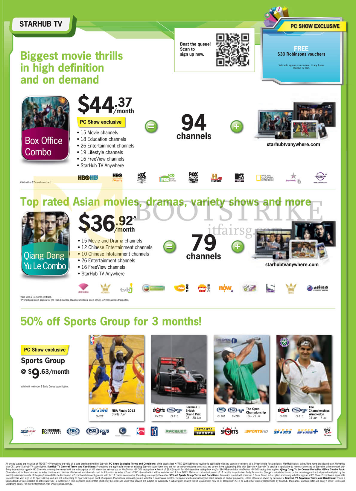 PC SHOW 2013 price list image brochure of Starhub TV Cable Box Office Combo, Qiang Dang Yu Le Combo, Sports Group