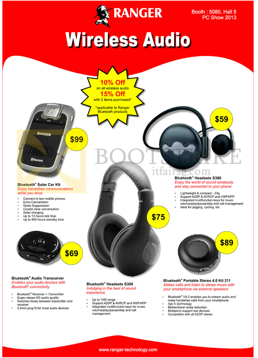 PC SHOW 2013 price list image brochure of Systems Tech Ranger Wireless Audio Bluetooth Solar Car Kit, Headset S380 S300, Audio Transeiver, Speaker 4.0 Kit 211