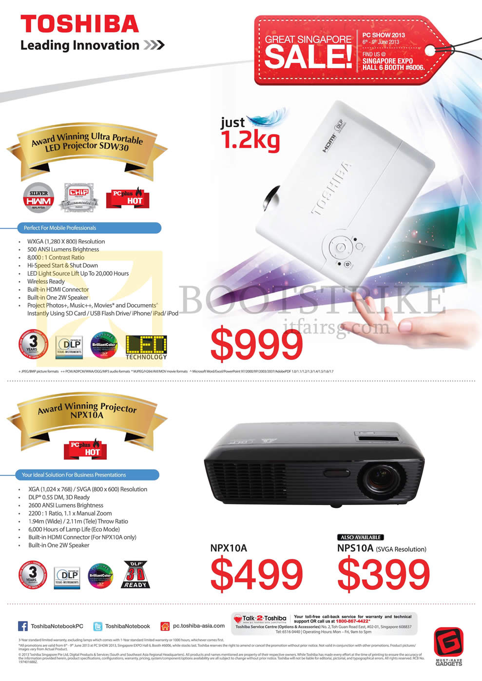 PC SHOW 2013 price list image brochure of Toshiba Projectors SDW30, NPX10A