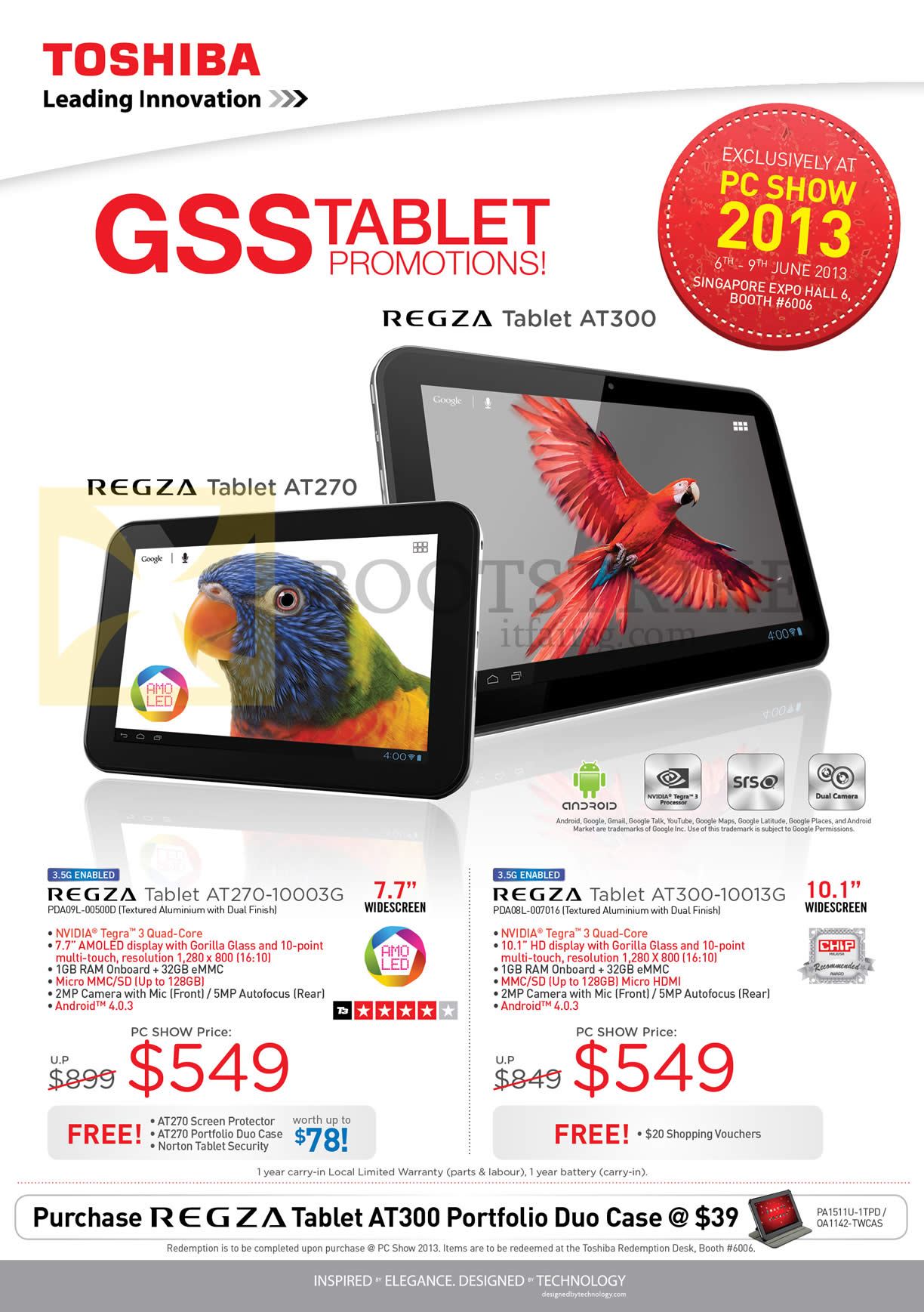 PC SHOW 2013 price list image brochure of Toshiba Tablets Regza AT270-10003G, AT300-10013G