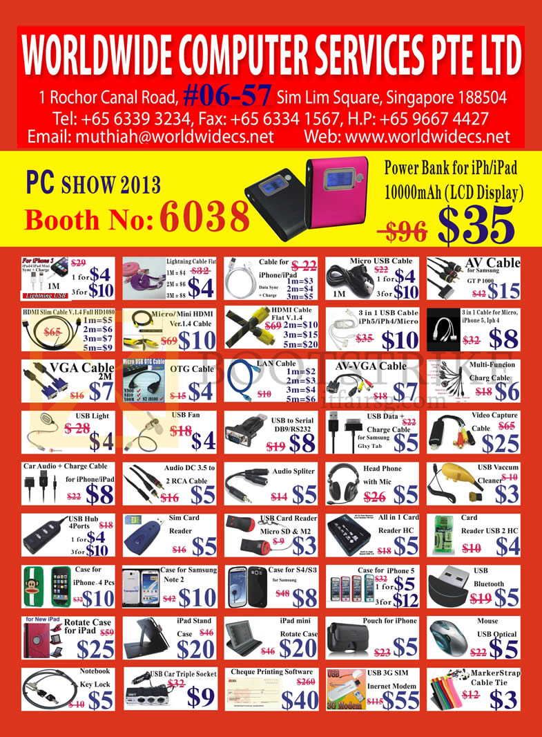 PC SHOW 2013 price list image brochure of Worldwide Computer Accessories Lightning Cable, USB, HDMI, VGA, NIC, Headphone, SIM Card Reader, Case