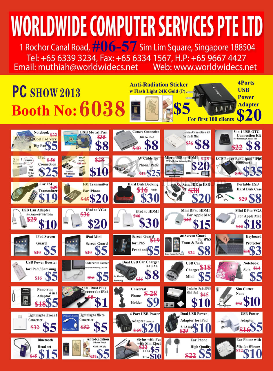 PC SHOW 2013 price list image brochure of Worldwide Computer Accessories Notebook Cooling Pad, USB Fan, FM Transmitter, Case, Adapters, Screen Protector, Portable Charger, Skin, Cable, Earphones