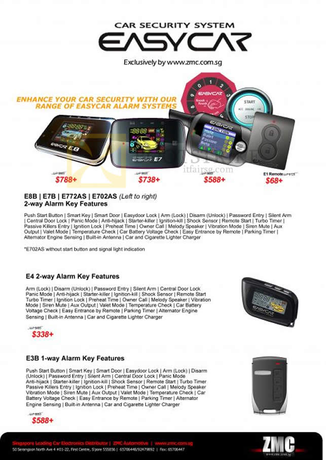 PC SHOW 2013 price list image brochure of ZMC Automotive Easycar Alarm System Features E8B, E7B, E772AS, E702AS, E4, E3B