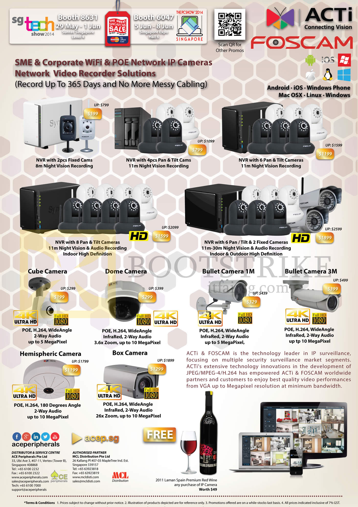 PC SHOW 2014 price list image brochure of ACE Peripherals ACTI Foscam Wifi, POE Network IP Cameras, Night Vision Recording, Cube, Dome, Bullet, Hemispherix, Box