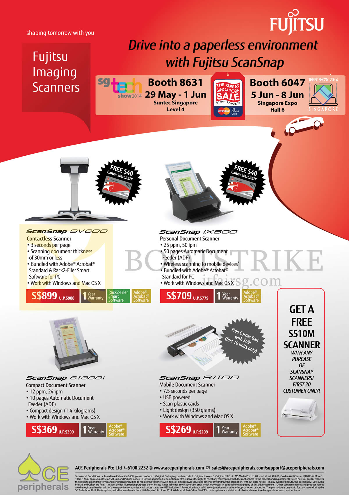 PC SHOW 2014 price list image brochure of ACE Peripherals Fujitsu ScanSnap Scanners SV600, IX500, S1300i, S1100