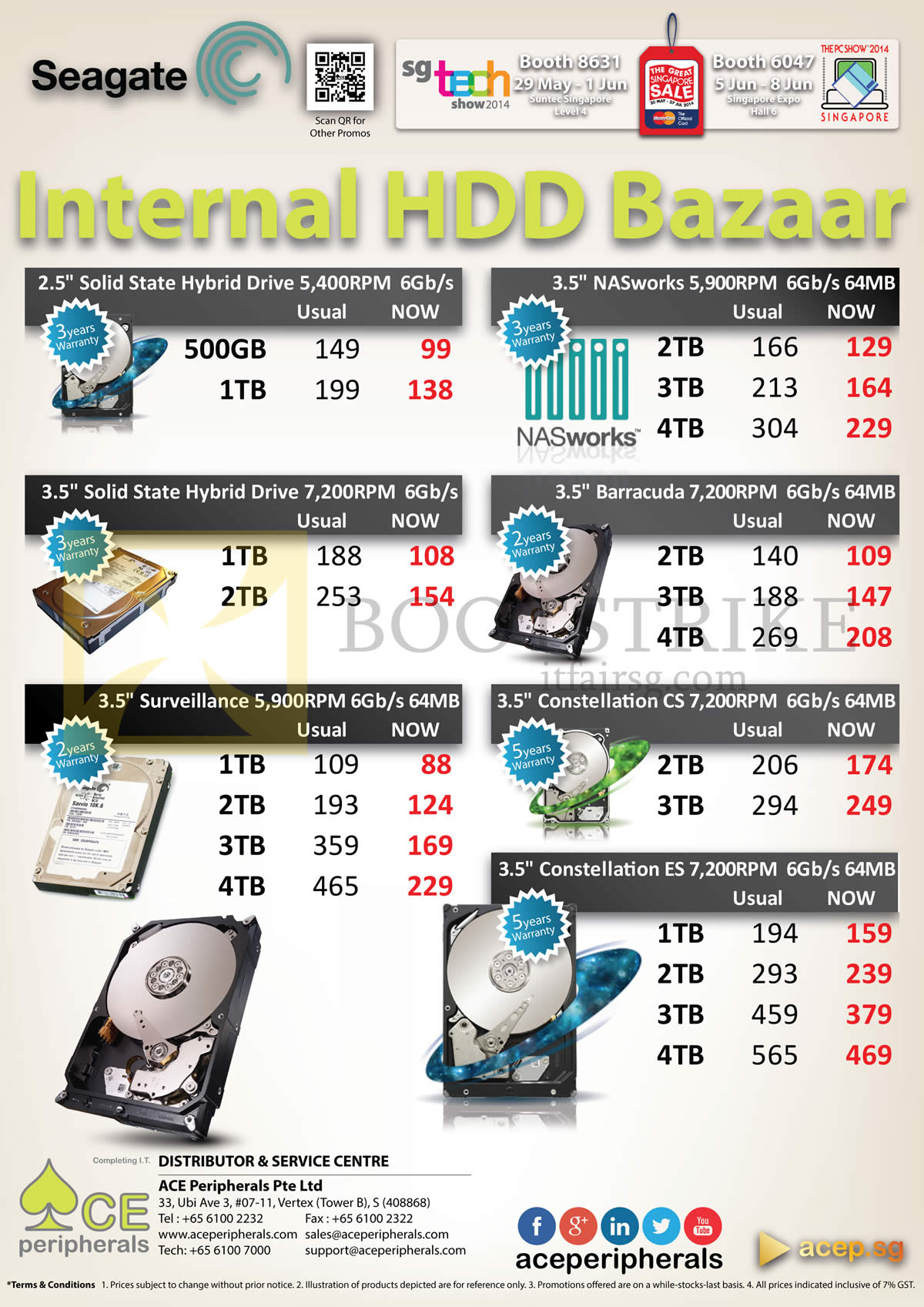 PC SHOW 2014 price list image brochure of ACE Peripherals Seagate Internal HDD Bazaar Solid State Hybrid, Surveillance, Constellation, Barracuda, NASworks