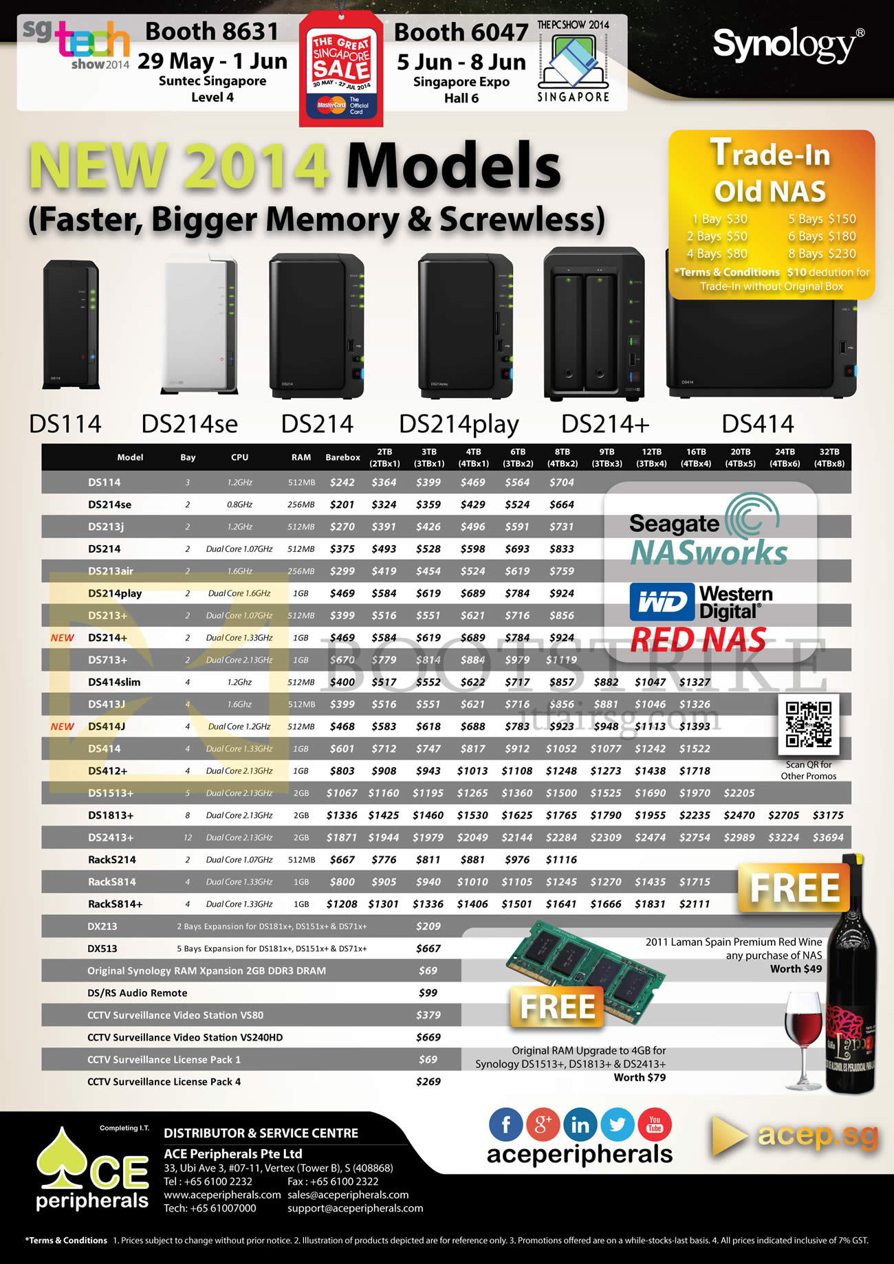 PC SHOW 2014 price list image brochure of ACE Peripherals Synology 2014 Models DS114, DS214se, DS214+, DS414, DS214play DS214plus