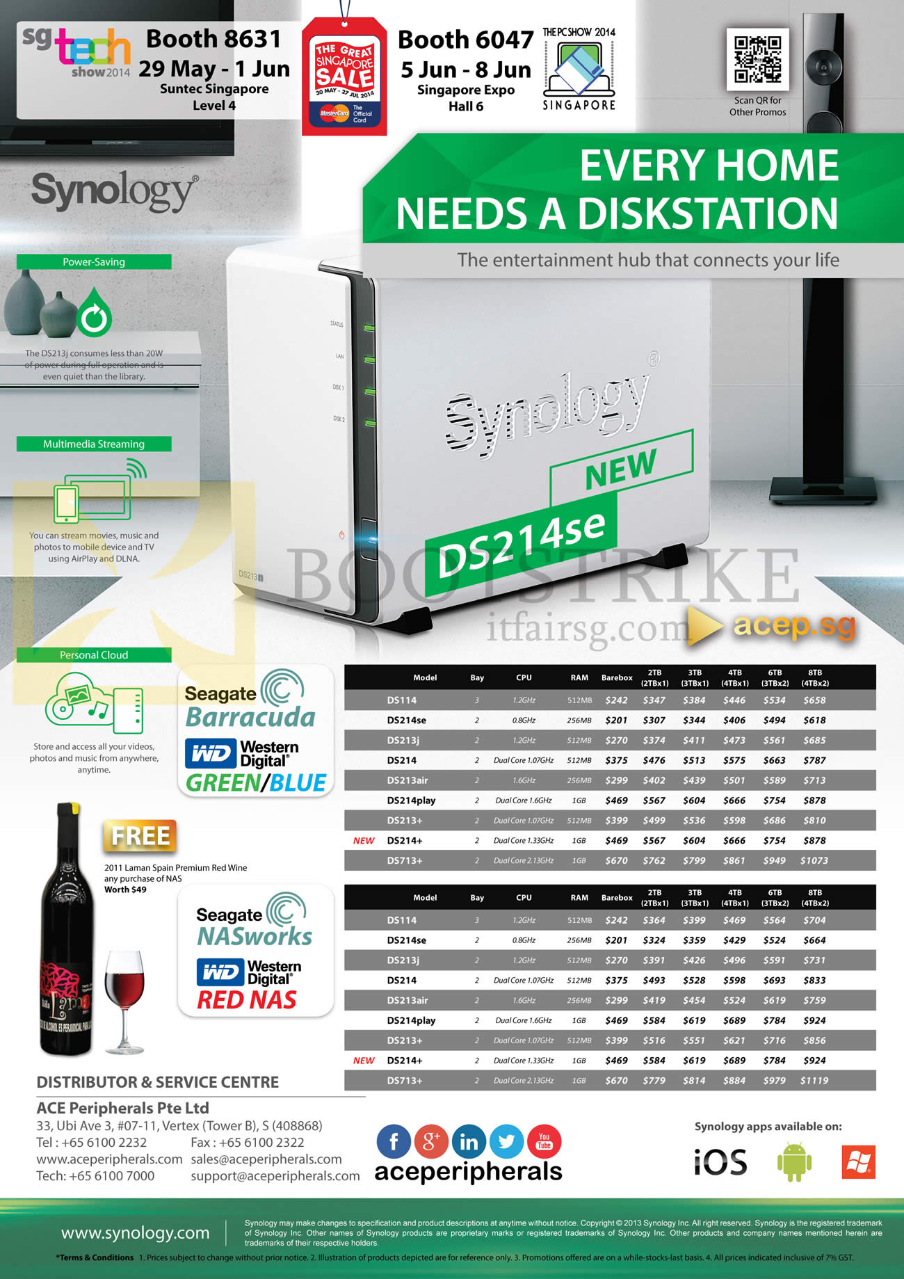 PC SHOW 2014 price list image brochure of ACE Peripherals Synology NAS DiskStations DS214se, DS213J, DS213air, DS214, DS214play, DS214plus, DS713 Plus