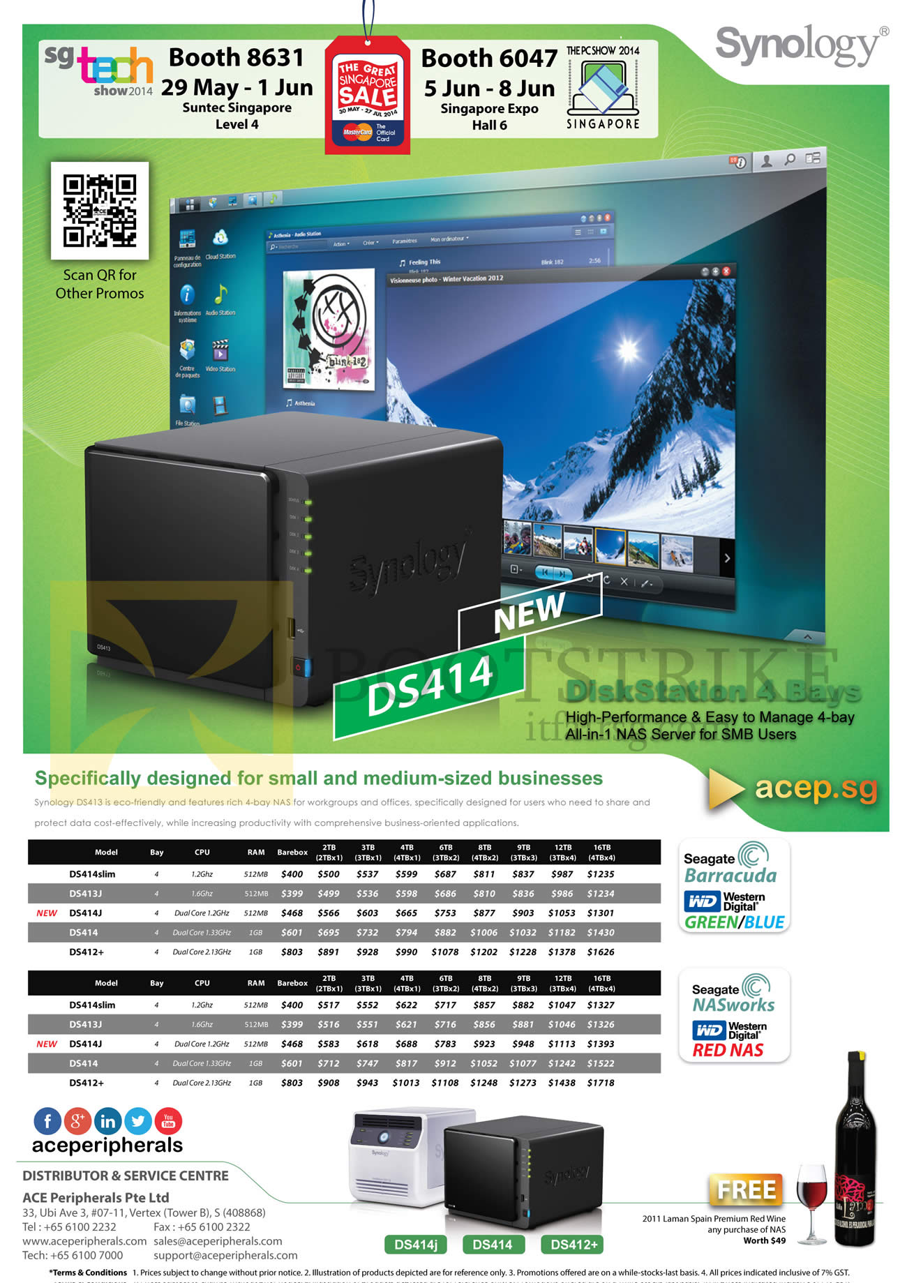PC SHOW 2014 price list image brochure of ACE Peripherals Synology NAS DiskStations DS413J, DS414J, DS413, DS414, DS412