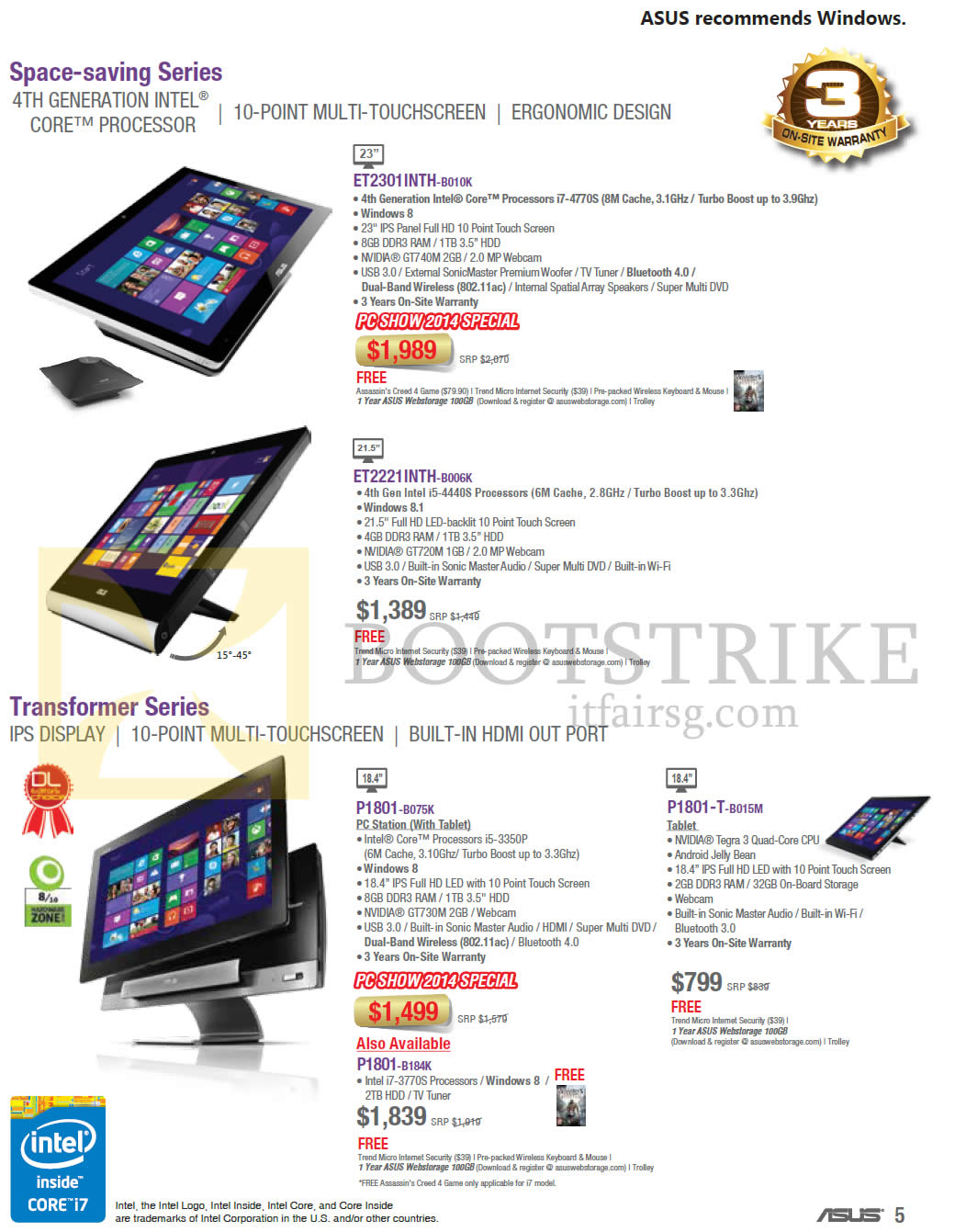 PC SHOW 2014 price list image brochure of ASUS AIO Desktop PCs, ET2301INTH-B010K, ET2221INTH-B006K, P1801-B075K, P1801-T-B015M, P1801-B184K