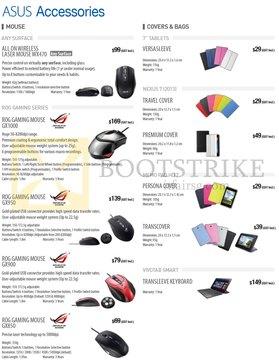 PC SHOW 2014 price list image brochure of ASUS Accessories Mouse, Covers, Bags, WX470, GX1000, GX950, GX900, GX850