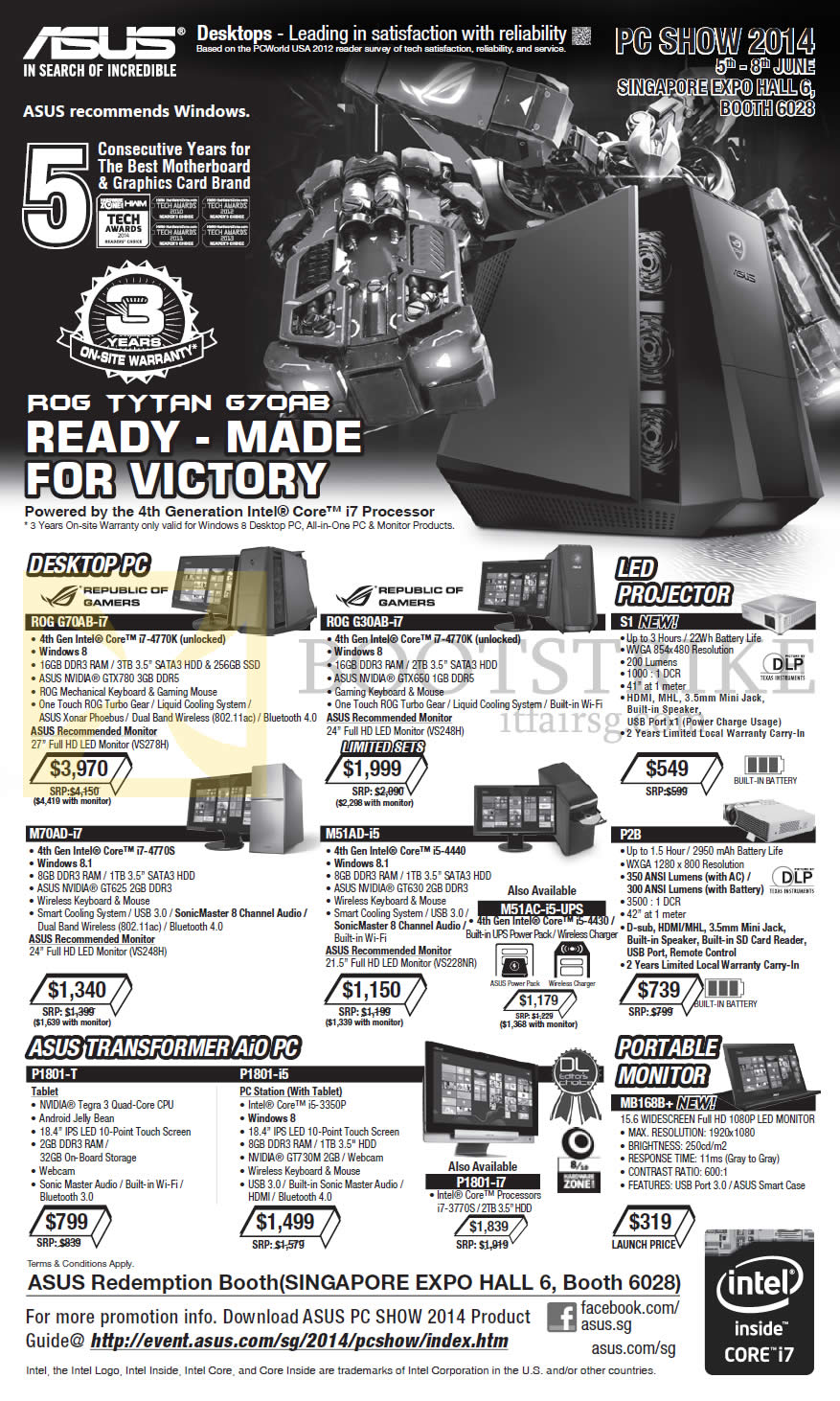 PC SHOW 2014 price list image brochure of ASUS Desktop PCs, AIOs, Monitors, Projectors, ROG Tytan G70AB, G30AB, M70AD, M51AD, P1801-T, MB1688Plus, S1, P2B