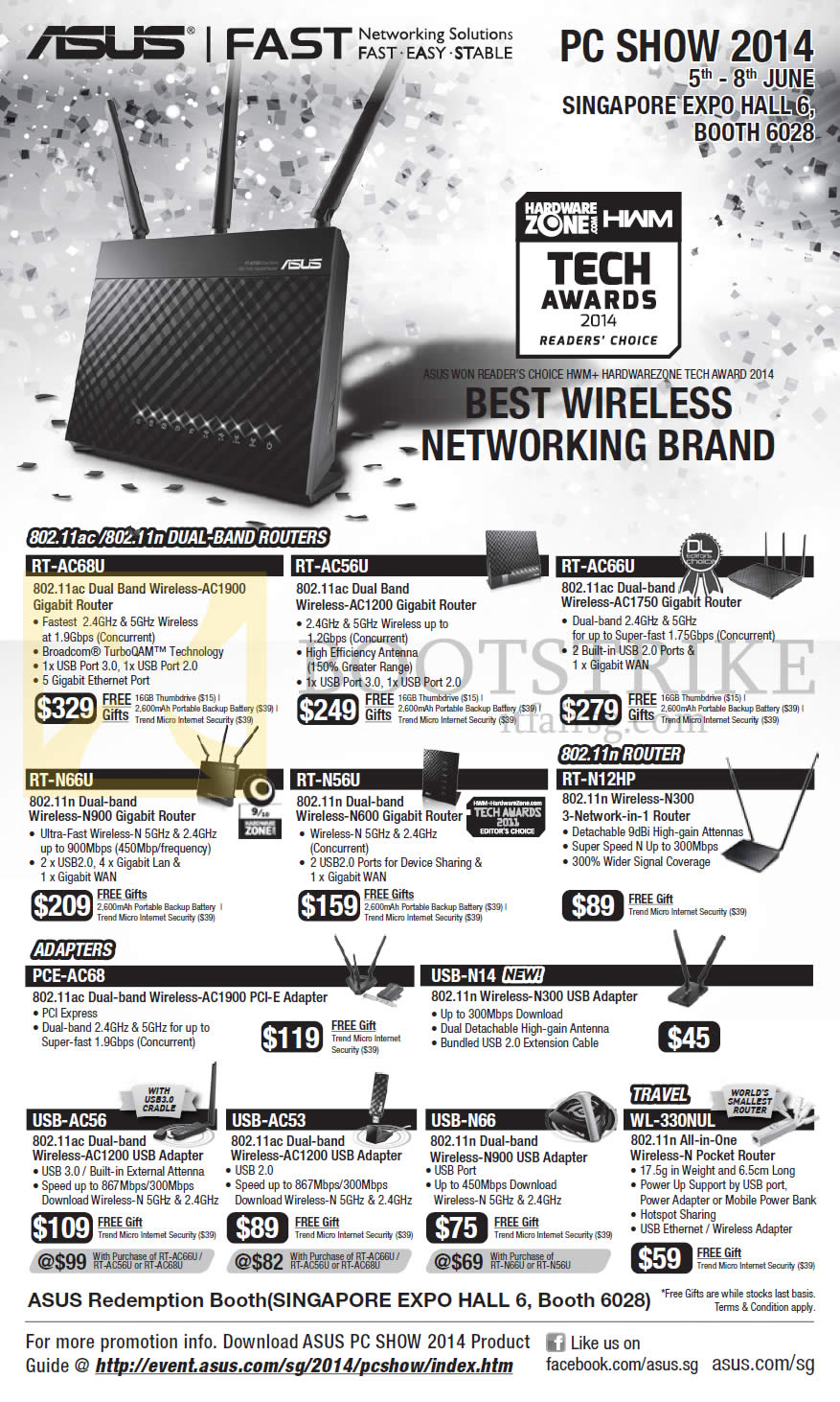 PC SHOW 2014 price list image brochure of ASUS Networking Wireless Adapters, Routers, RT-AC68U, AC56U, AC66U, N66U, N56U, N12HP, PCE-AC68, USB-N14, AC56, AC53, N66, WL-330NUL