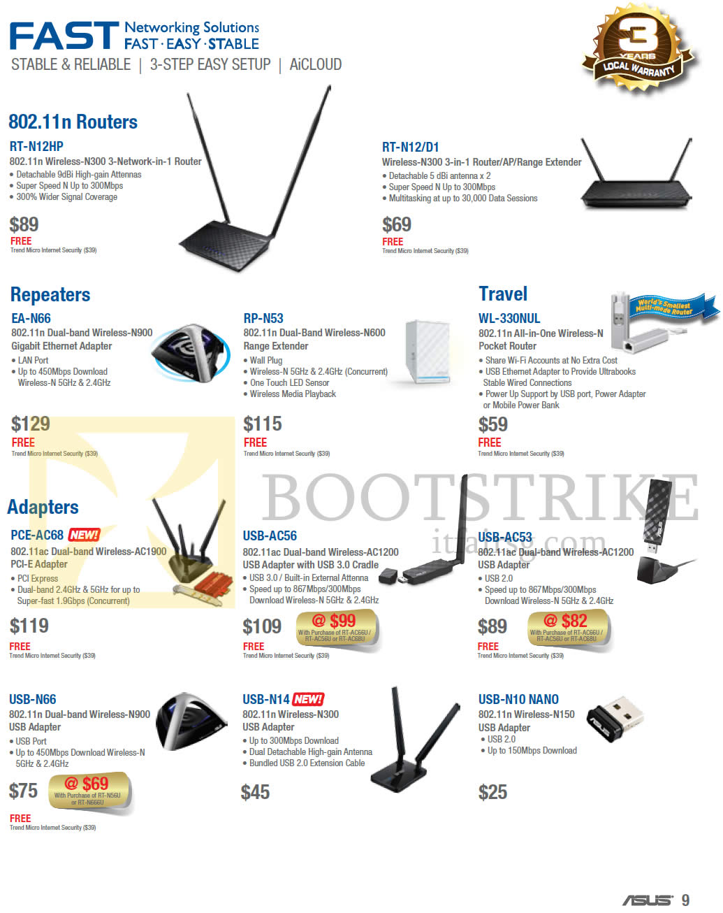 PC SHOW 2014 price list image brochure of ASUS Networking Wireless Routers, Repeaters, Adapters, RT-N12HP, N12-D1, EA-N66, RP-N53, WL-330NUL, PCE-AC68, USB-AC56, AC53, N66, N14, N10 Nano