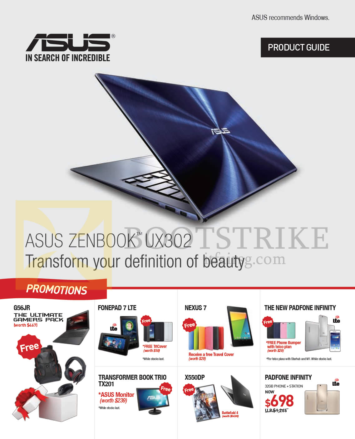 PC SHOW 2014 price list image brochure of ASUS Notebook, Accessories, Zenbook UX302, Fonepad 7, Nexus 7, Transformer Book Trio TX201, X550DP, Padfone Infinity