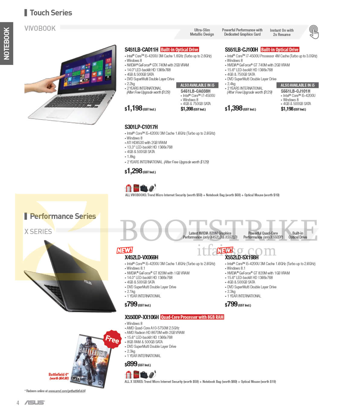 PC SHOW 2014 price list image brochure of ASUS Notebooks VivoBook, X Series S451LB-CA011H, S551LB-CJ100H, S301LP-C1017H, X452LD-VX069H, X550DP-XX106H, X552LD-SX198H