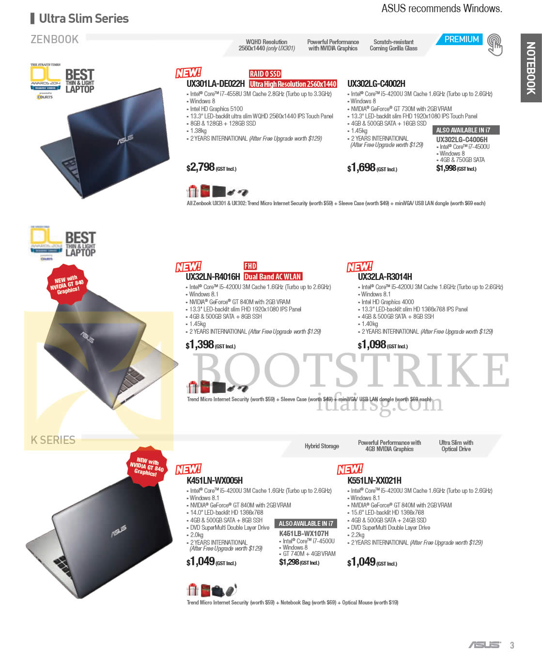 PC SHOW 2014 price list image brochure of ASUS Notebooks Zenbook, K Series UX301LA-DE002H, UX302LG-C4002H, UX32LA-R3014H, K451LN-WX005H WX107H XX021H