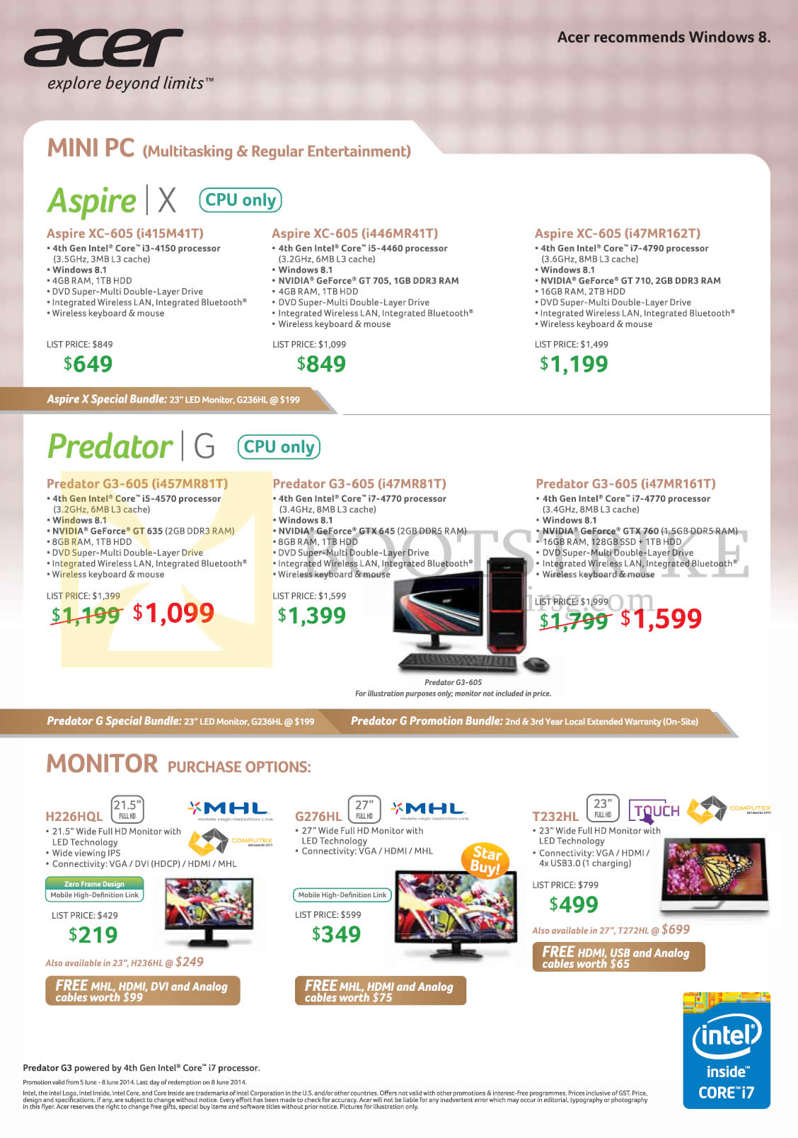 PC SHOW 2014 price list image brochure of Acer Desktop PCs, Monitors Aspire XC-605, G3605, H226HQL, G276HL, T232HL