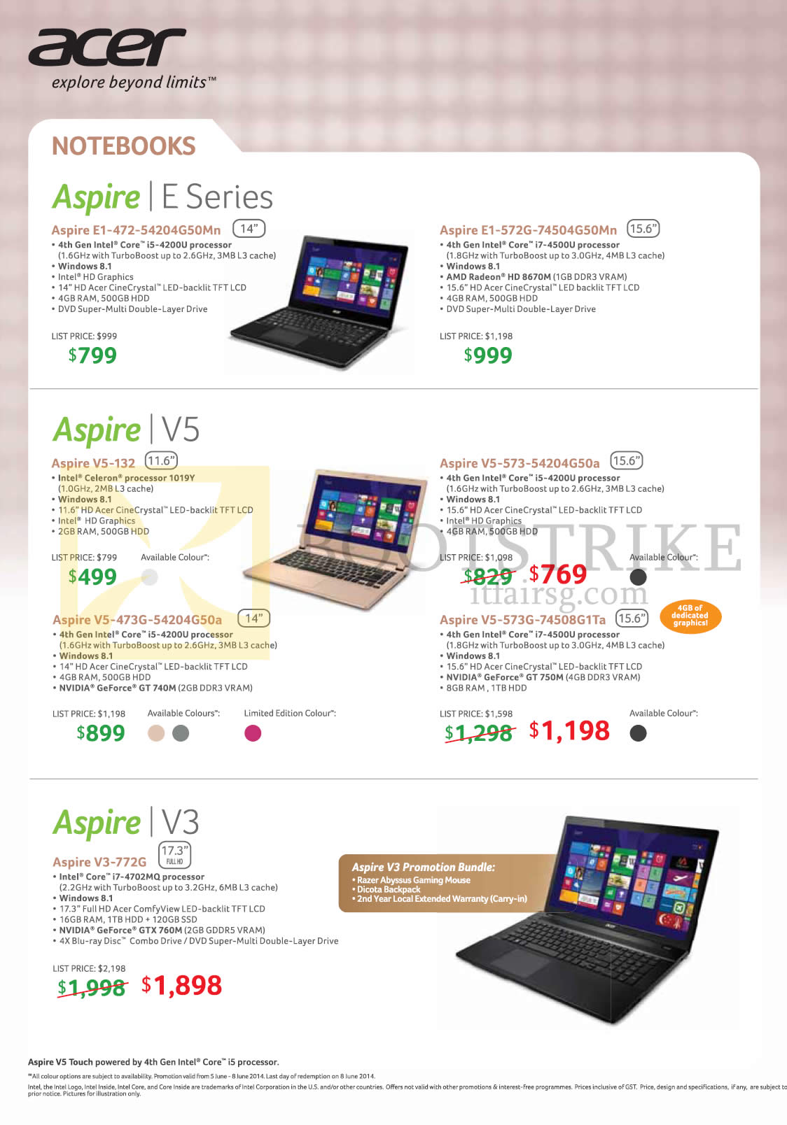 PC SHOW 2014 price list image brochure of Acer Notebooks Aspire E1-472-54204G50Mn, E1-572G-74504G50Mn, V5-132, V5-473G-54204G50a, V5-573-54204G50a, 573G-74508G1Ta, V3-772G