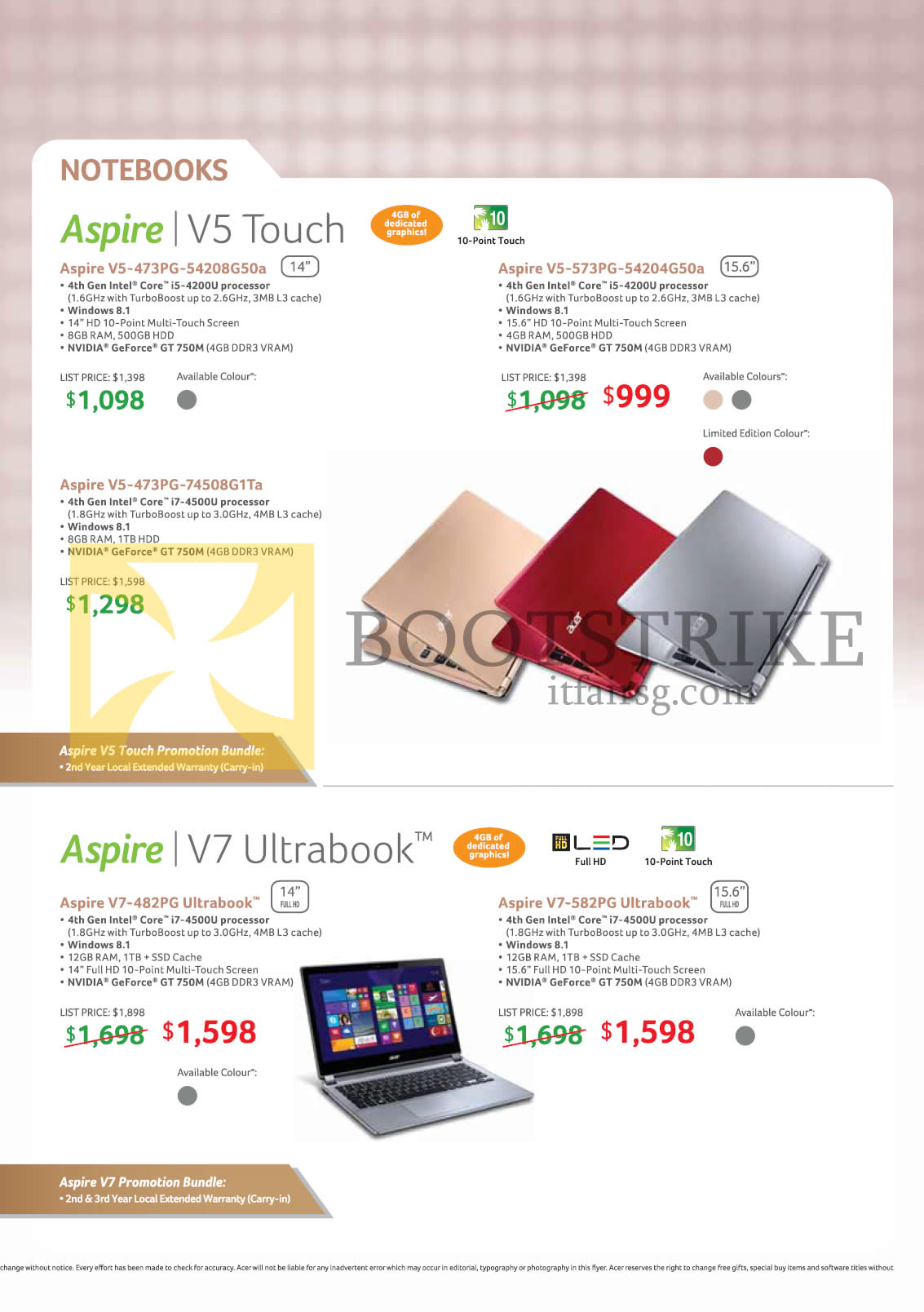 PC SHOW 2014 price list image brochure of Acer Notebooks Aspire V5-473PG-54208G50a, 573PG-54204G50a, 473PG-74508G1Ta, V7-482PG, 582PG