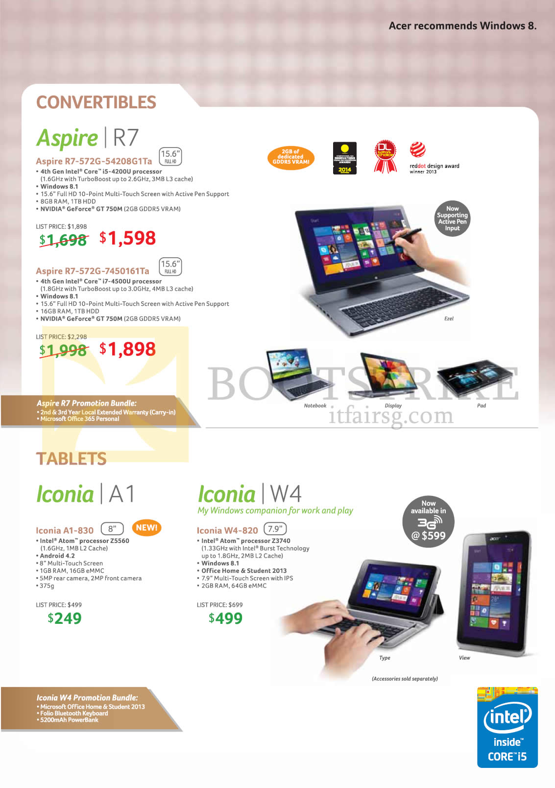 PC SHOW 2014 price list image brochure of Acer Notebooks, Tablets, Aspire R7-572G-54208G1Ta, 7450161Ta, Iconia A1-830, W4-820