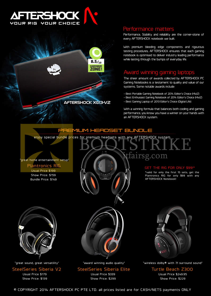PC SHOW 2014 price list image brochure of Aftershock Headset Bundle, Plantronics, SteelSeries Siberia, Turtle Beach