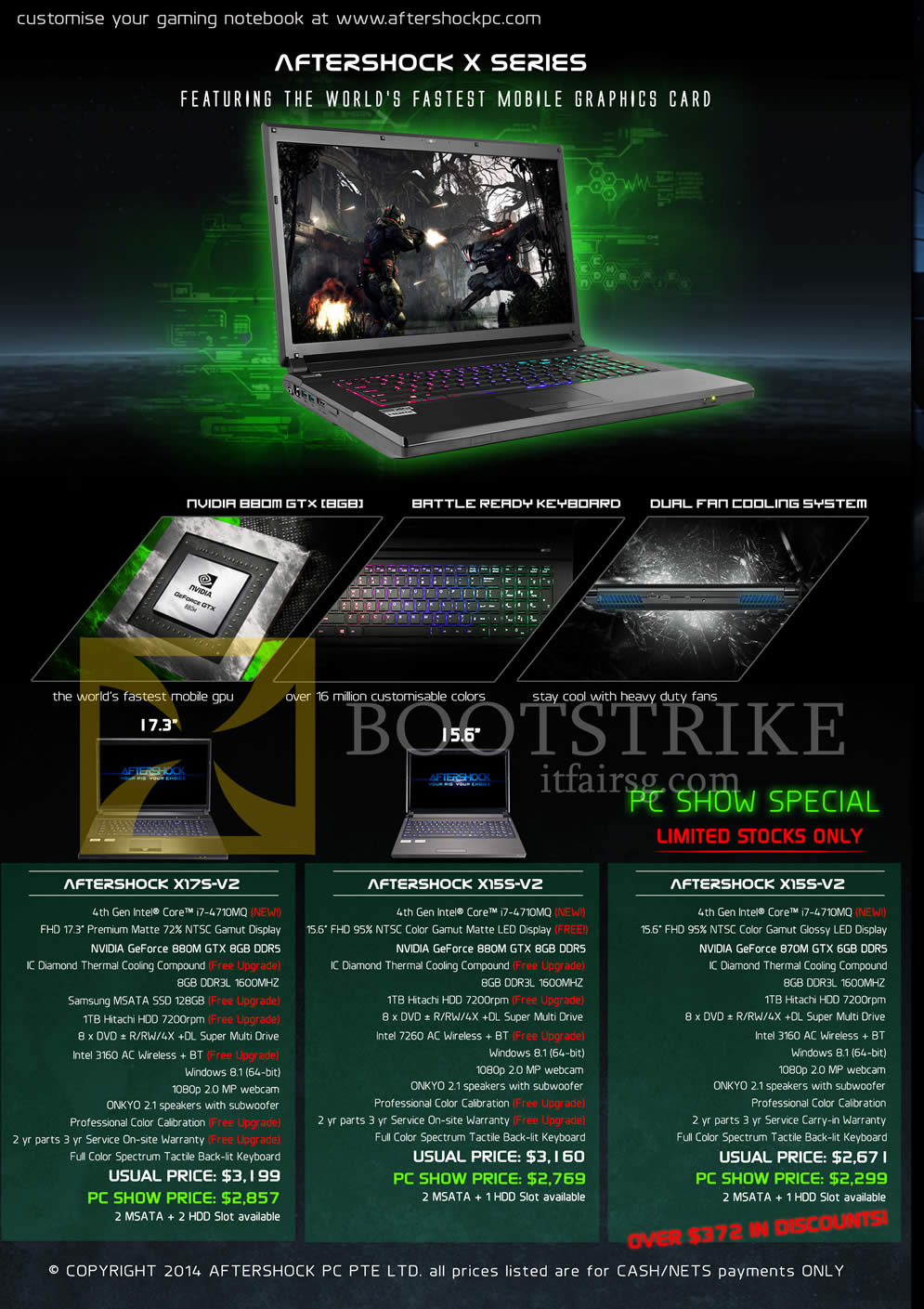 PC SHOW 2014 price list image brochure of Aftershock Notebooks X17S-V2, X15S-V2, X15S-V2