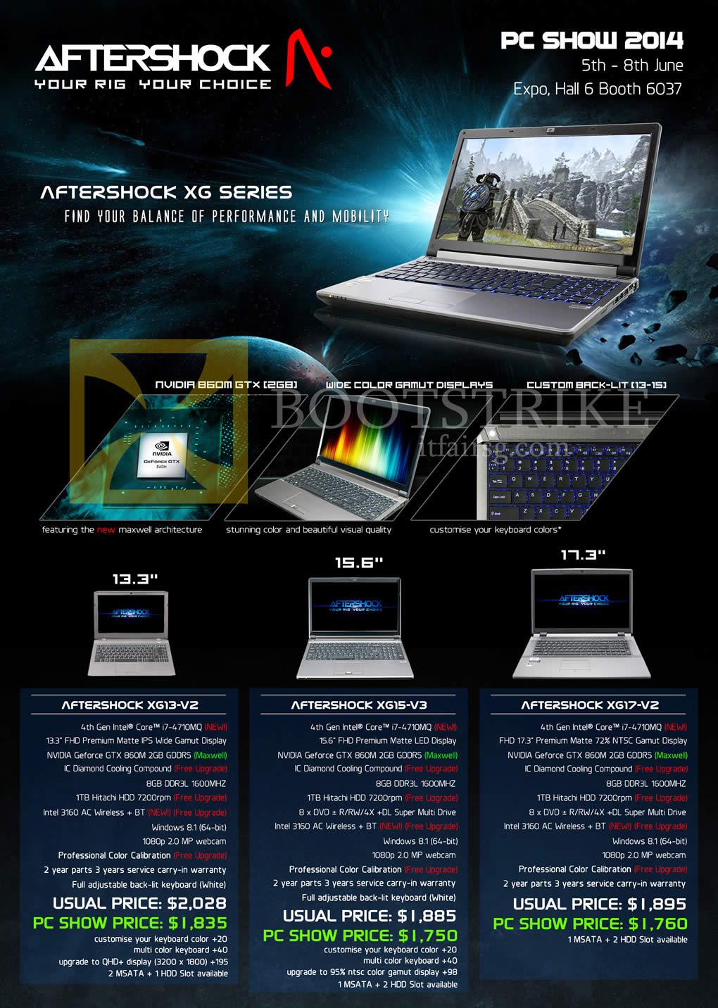 PC SHOW 2014 price list image brochure of Aftershock Notebooks XG13-V2, XG15-V3, XG17-V2
