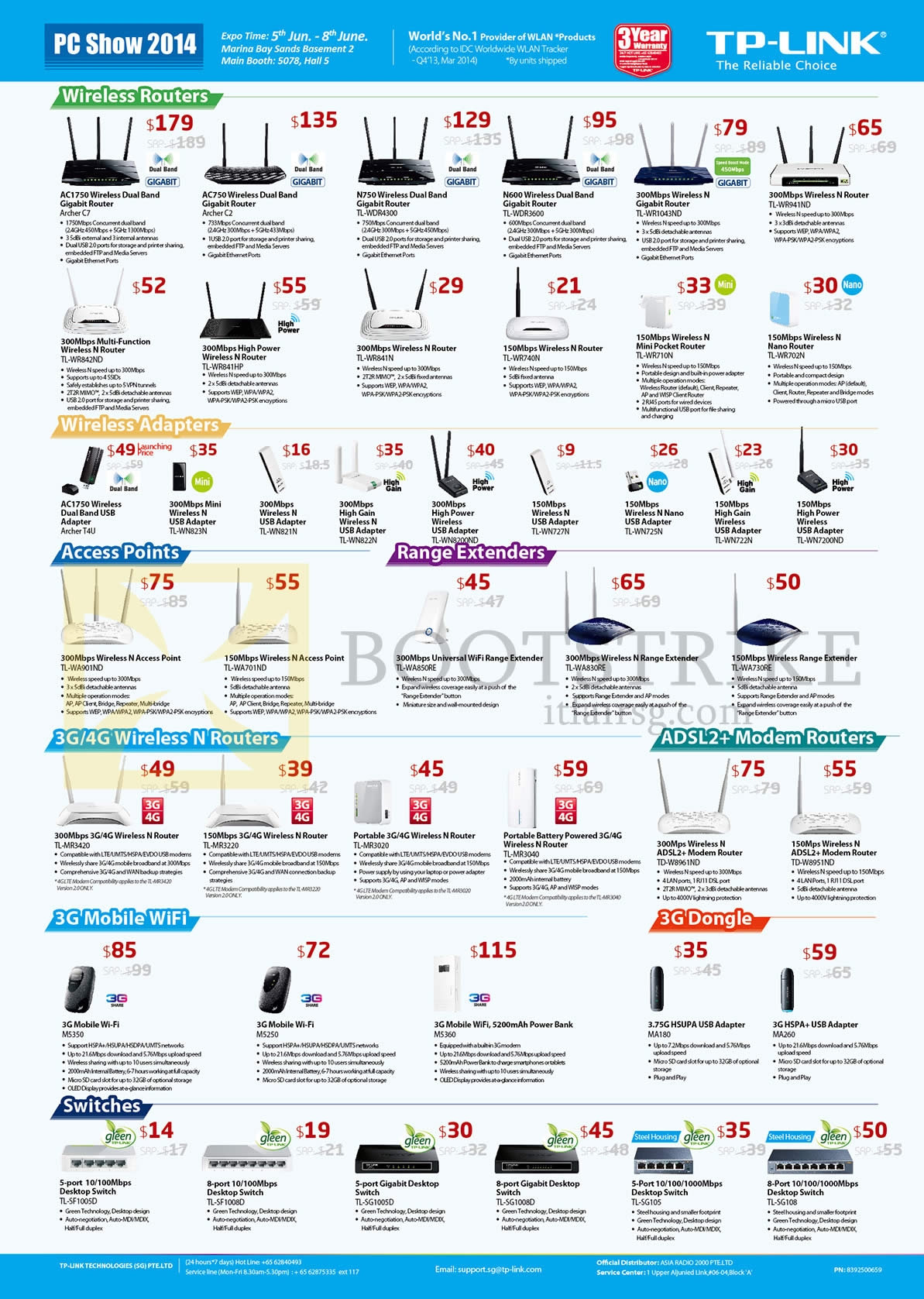 PC SHOW 2014 price list image brochure of Asia Radio TP-Link Networking Wireless Routers, Adapters, Access Points, Range Extender, 3G 4G, ADSL2, Dongle, Switches