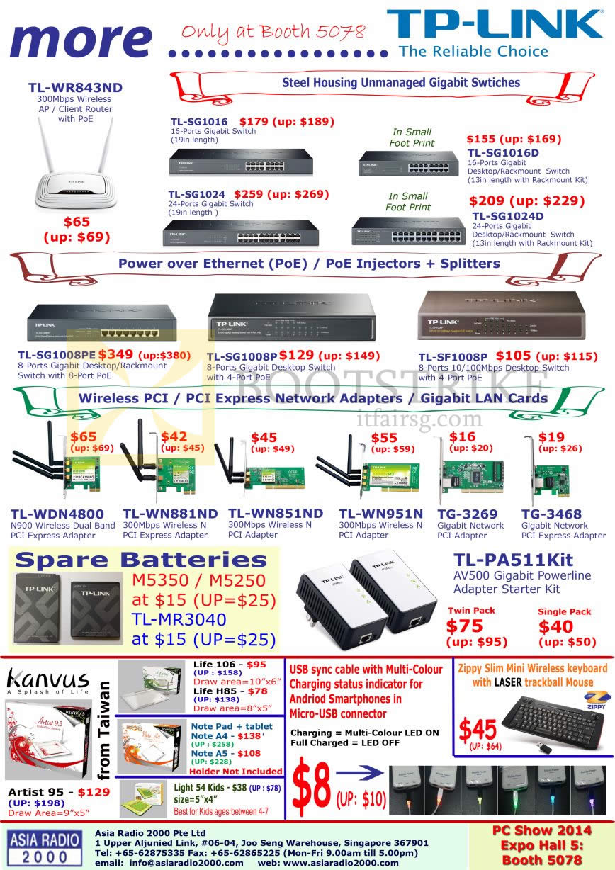 PC SHOW 2014 price list image brochure of Asia Radio TP-Link Switches, Wireless Adapter PCI, Kanvus, Keyboard, PoE