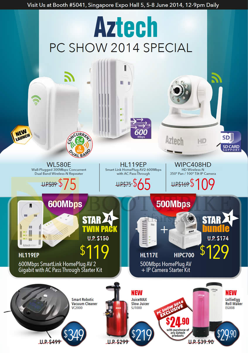 PC SHOW 2014 price list image brochure of Aztech Specials Wireless N Repeater, HomePlug, IP Camera IPCam, Vacuum Cleaner, Juicer, Roll Maker, WL580E, HL119EP, WIPC408HD