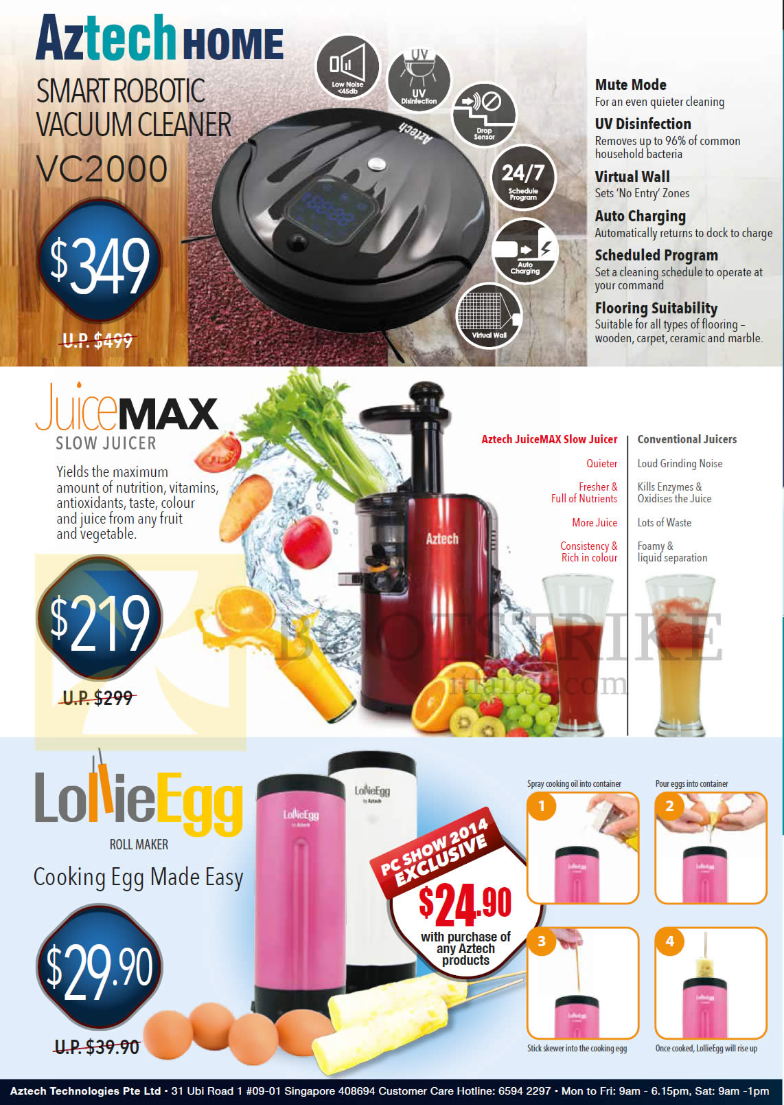 PC SHOW 2014 price list image brochure of Aztech VC2000 Vacuum Cleaner, JuiceMax Juicer, Lollie Egg Roll Maker