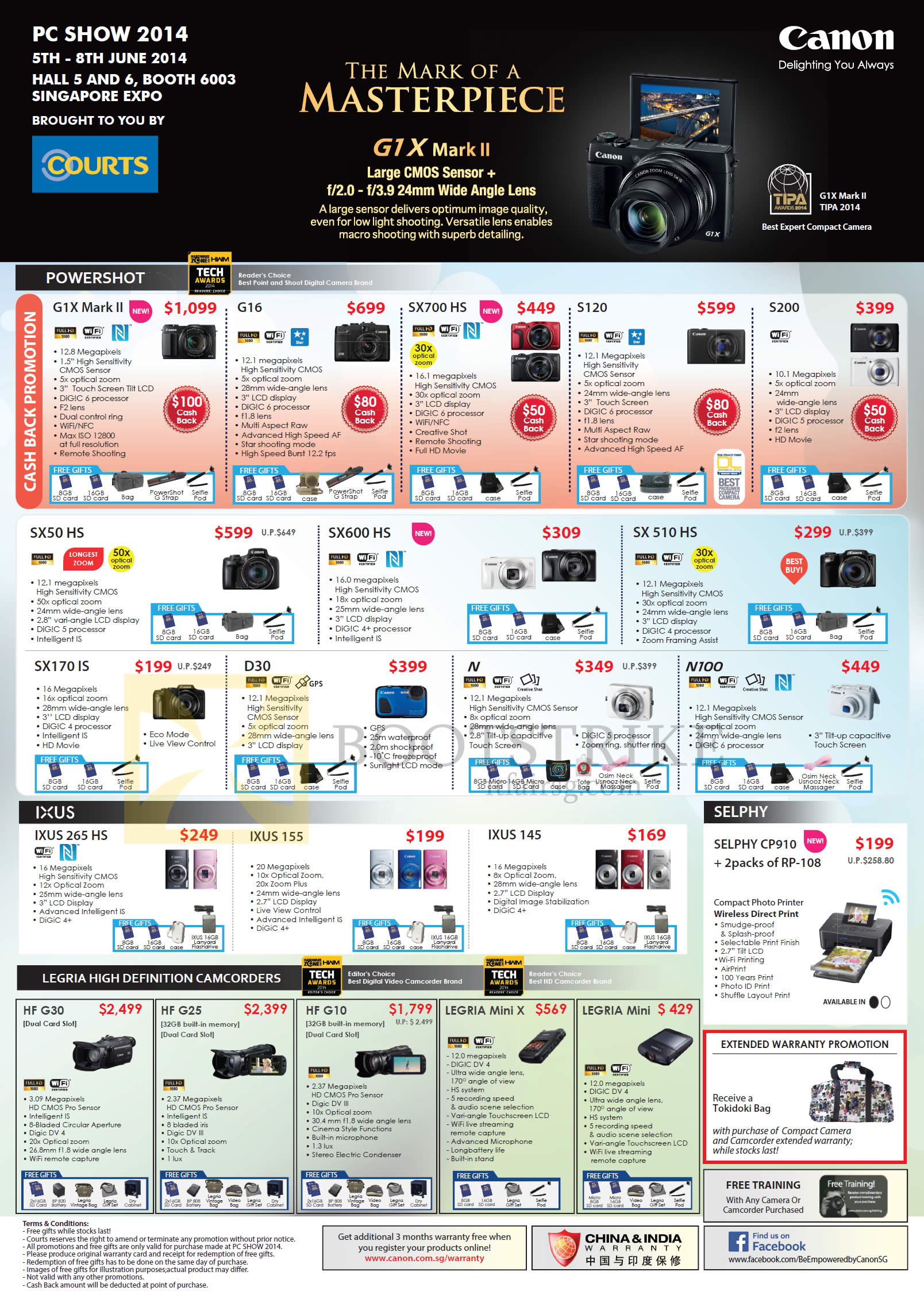 PC SHOW 2014 price list image brochure of Canon Digital Cameras, Camcorders, G1X Mark II, G16, SX700 HS, S120, S200, 50 HS, 600 HS, 510 HS, SX170 IS, D30, IXUS 265 HS 155,145, HF G30 G25 G10, Legria Mini X, Selphy CP910