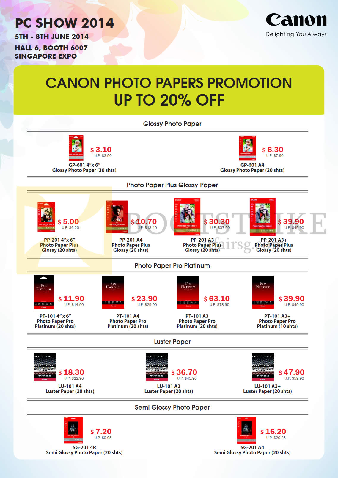 PC SHOW 2014 price list image brochure of Canon Photo Papers Glossy, Photo Paper Plus Glossy, Pro Platinum, Luster Paper, Semi Glossy
