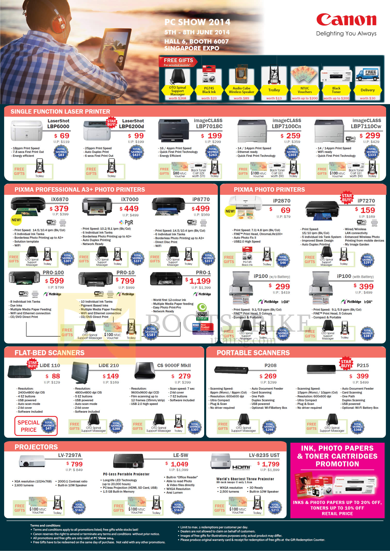 PC SHOW 2014 price list image brochure of Canon Printers, Scanners, Projectors, LBP 6000 6200d 7018C 7100Cn 7110Cw, IX6870 7000 8770 2870 7270, IP100, LiDE 110 210, CS 9000F MkII, P208, P215